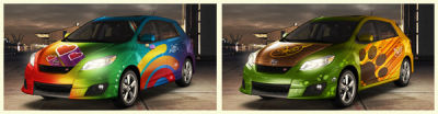 the image is divided into two parts, two cars with different colorful paitings with the night street view on the background