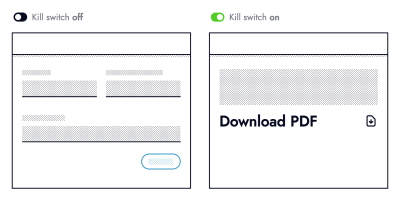 Two black and white wireframes. The left one titled: Kill switch off, displays 3 form fields above a blue button. The right one titled: Kill switch on, shows the text: Download PDF next to a download icon.