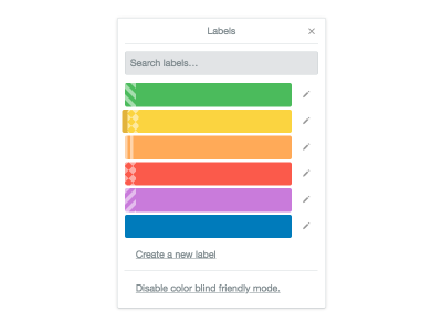 Six colored labels. Five use a pattern while the sixth doesn’t