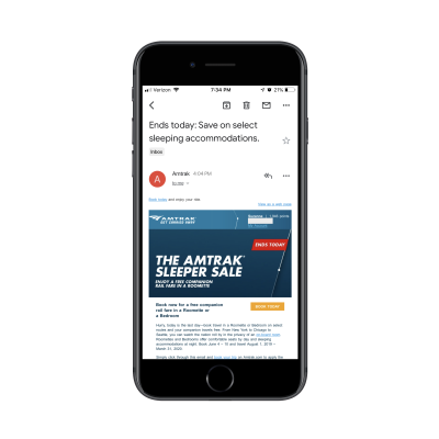 Amtrak email on Gmail mobile app