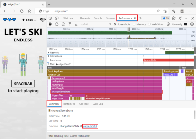 Edge, showing a ski game in a tab, and the Performance tool next to it, with a link to an original typescript file highlighted