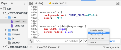 Local Modifications pane, called from source code changes.