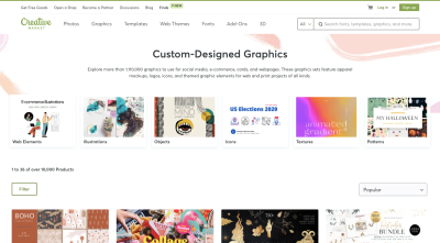 Creative Market page for custom-designed graphics like web elements, illustrations, objects, icons, textures and patterns