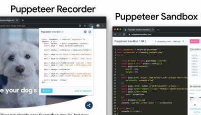 A Screenshot of the Pupeteer Recorder on the left, and a screenshot Puppeteer Sandbox shown on the right