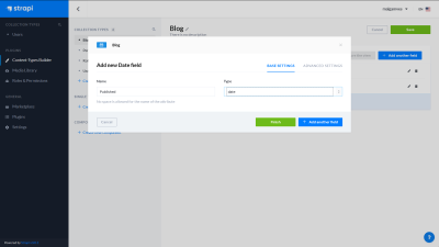 A screenshot of the Strapi dashboard - creating a new date field