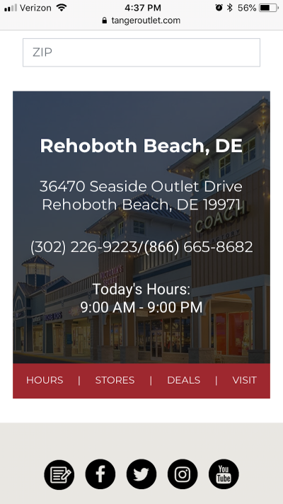 Example of a location-specific page and details from Tanger Outlets.