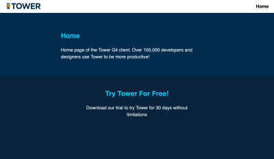 Home page of the Tower Git client with a banner saying Try Tower For Free