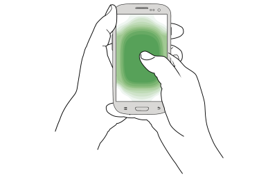 An illustration of hands holding a phone with the thumb in the center of the screen