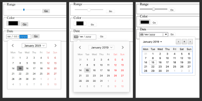 A combined screenshot showing the different visual representations of range, color and date fields in three different browsers: Edge, Firefox and Chrome.