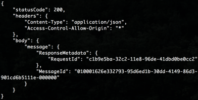 The return response from our serverless function, containing the SES.sendEmail return response in the body.