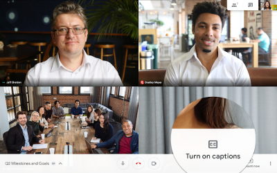 A still image of a video call in Google Meet with the Turn On Captions setting zoomed in to see where it can be found in the interface