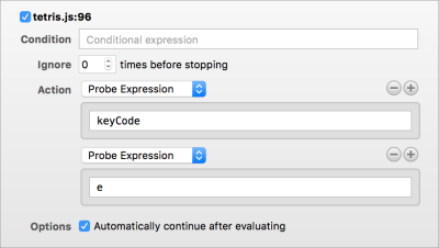 Screenshot of the breakpoint options tooltip in Safari, showing how you can configure breakpoints