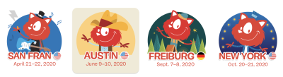 Four different illustrations designed by Ricardo Gimenes dressed up in different costumes representing each city where the SmashingConf will take place this year