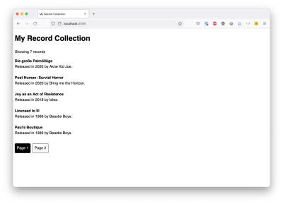 A screenshot with 7 Records listed, each with their title, artist and release date, with links to all pages and a highlighted current page