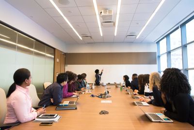 A group of people sit around a conference table paying attention to a presenter at the front of the room