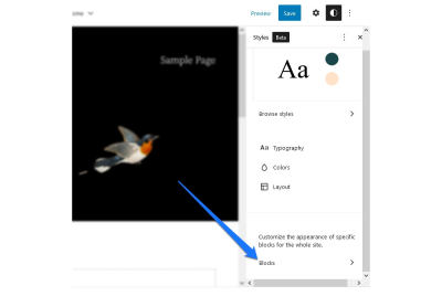 A screenshot of styling blocks option in WordPress Full-Site Editing