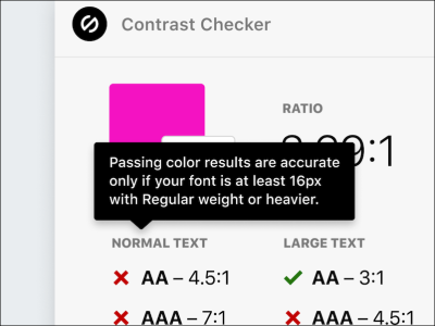 Lengthy tooltip text on a mobile contrast checker.