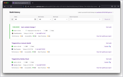 Screenshot of Gatsby Cloud interface displaying build times for three main scenarios when a static site needs to be rebuilt