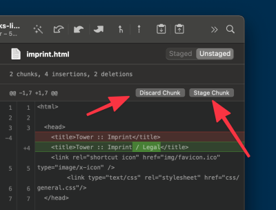 Staging and sciard chunk buttons for separate pieces of the commit