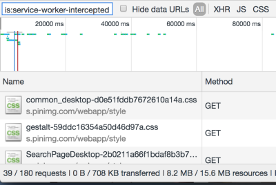 8.2 / 15.6 MB resources, and 39 / 180 requests handled by the service worker cache.