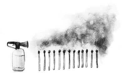 Illustration of a fire extingisher extinguishing matches