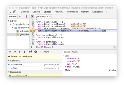 A conditional line-of-code breakpoint on line 32.