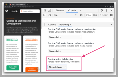 A demonstration of emulating blurred vision on the Smashing Magazine website. The feature is toggled on from the Rendering pane