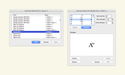 A screengrab of the ‘Kerning table edit’ window in Quark, it shows the kerning value numbers for many different pairs of letter combinations.