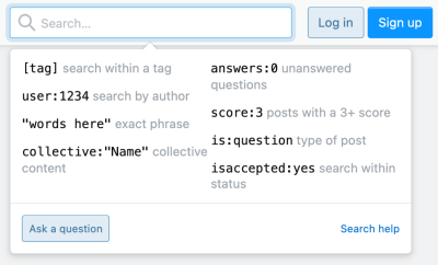 A search bar next to Log In and Sign Up buttons showing search results below with the possibility to ask a question or search further help