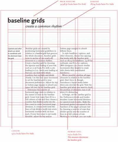 A baseline grid shapes the vertical spacing of a design. Here, a modular grid is created by positioning horizontal guides relative to a baseline grid.