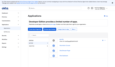 Okta dashboard to create app