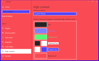 A screenshot from Windows 10 with a custom Forced Color mode theme called ‘Custom Theme.’ The theme uses a bright red background, purple buttons, black text, and pale blue hyperlinks.