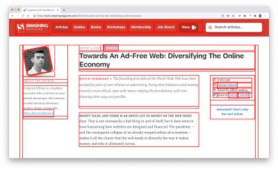 A screenshot of an article published on smashing magazine with red lines on the layout to help check the stability and rendering on the page