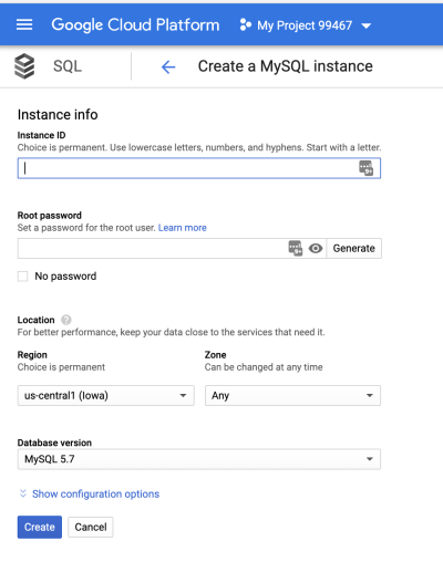 This image show the page for creating a Cloud SQL instance