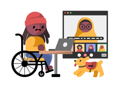 An illustration of a disabled person using a laptop to connect with other folks online