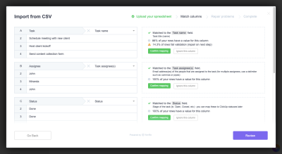 Smart column-matching system in ClickUp data import