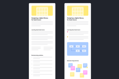 Two wireframes of design portfolio case studies. The one on the left has no visuals and the one on the right has visuals