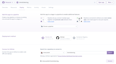 Repository selection in Github on a screenshot of the dashboard area of Heroku