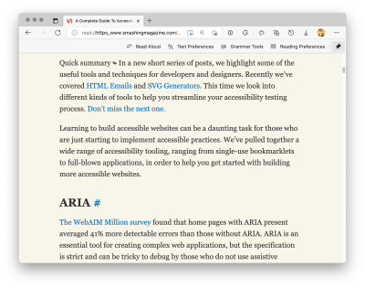 Microsoft Edge’s Immersive Reader mode being applied to the Smashing Magazine post, A Complete Guide To Accessibility Tooling by Nic Chan. Screenshot.