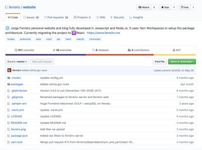 Jorge Ferreiro’s website using yarn workspaces and packages with a back-end and frontend apps