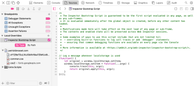 Screenshot of Safari’s Sources tab, showing the Bootstrap Script with code that overrides localStore.setItem to log information when this API is called.