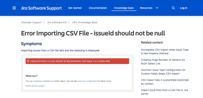 Jira knowledgebase answer about CSV file import error