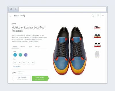 A screenshot of a pair of multicolor leather low-top sneakers displayed on a product page