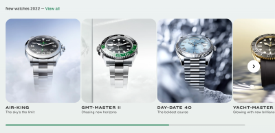 A horizontal slider showing difference watch designs shown on the Roley website in April 2022