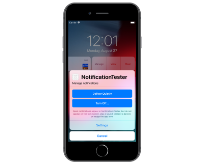 iPhone 8 Plus shown with Manage selected from notification which brings up the Deliver Quietly and Turn Off options.