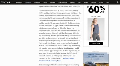 Forbes article - ‘Why People Uninstall Apps’ - long walls of text and distracting ads