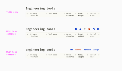 Three examples of table headers: a title only, title with icon commands, and title with text commands