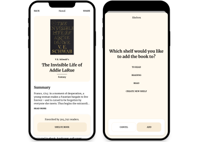 Two screens of a social book app. The left screen shows a book’s dedicated overview page. At the bottom of the screen, a sticky button hovers with the CTA “Shelve book.” The right screen shows a “Shelves” modal. It allows the user to choose a shelf for the book such as “To-read” or “Reading.”