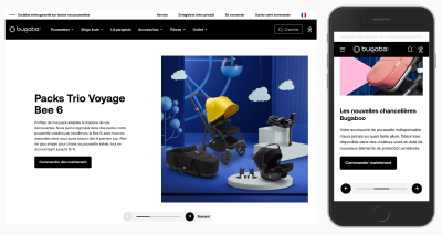 A comparison of the desktop and mobile versions of the Bugaboo website presented side-by-side