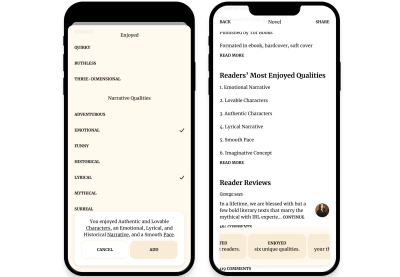 Two screens of a social book app. The left screen shows an “Enjoyed” modal. At the bottom of the screen, a sticky container hovers with the qualities a user chose. The right screen shows a book’s dedicated overview page with the “Readers’ Most Enjoyed Qualities” section centered.